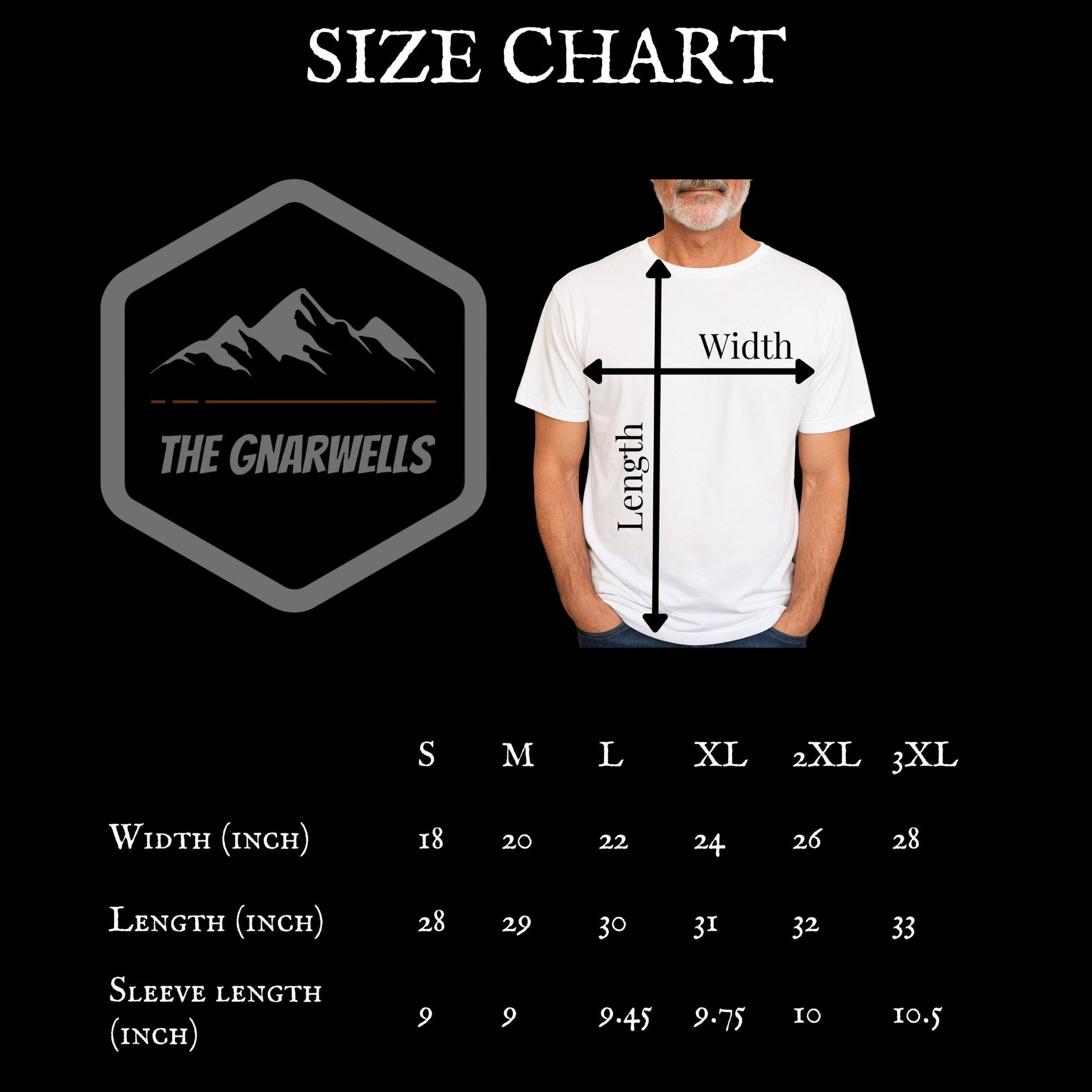 The Gnarwells tshirt company tshirt size chart with body measurements used to help determine the best size tshirt.