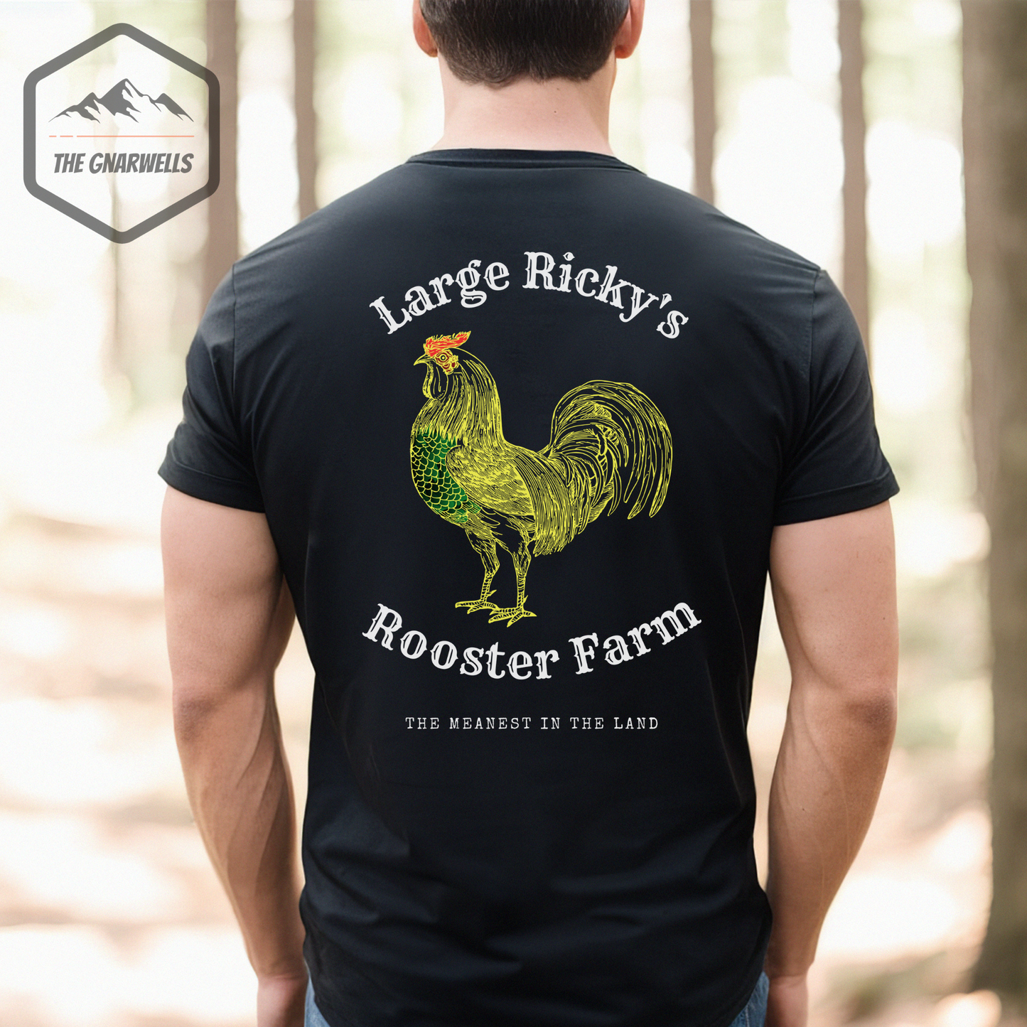 Large Ricky's Funny MTB T-Shirt with a rooster and the words the meanest in the land.