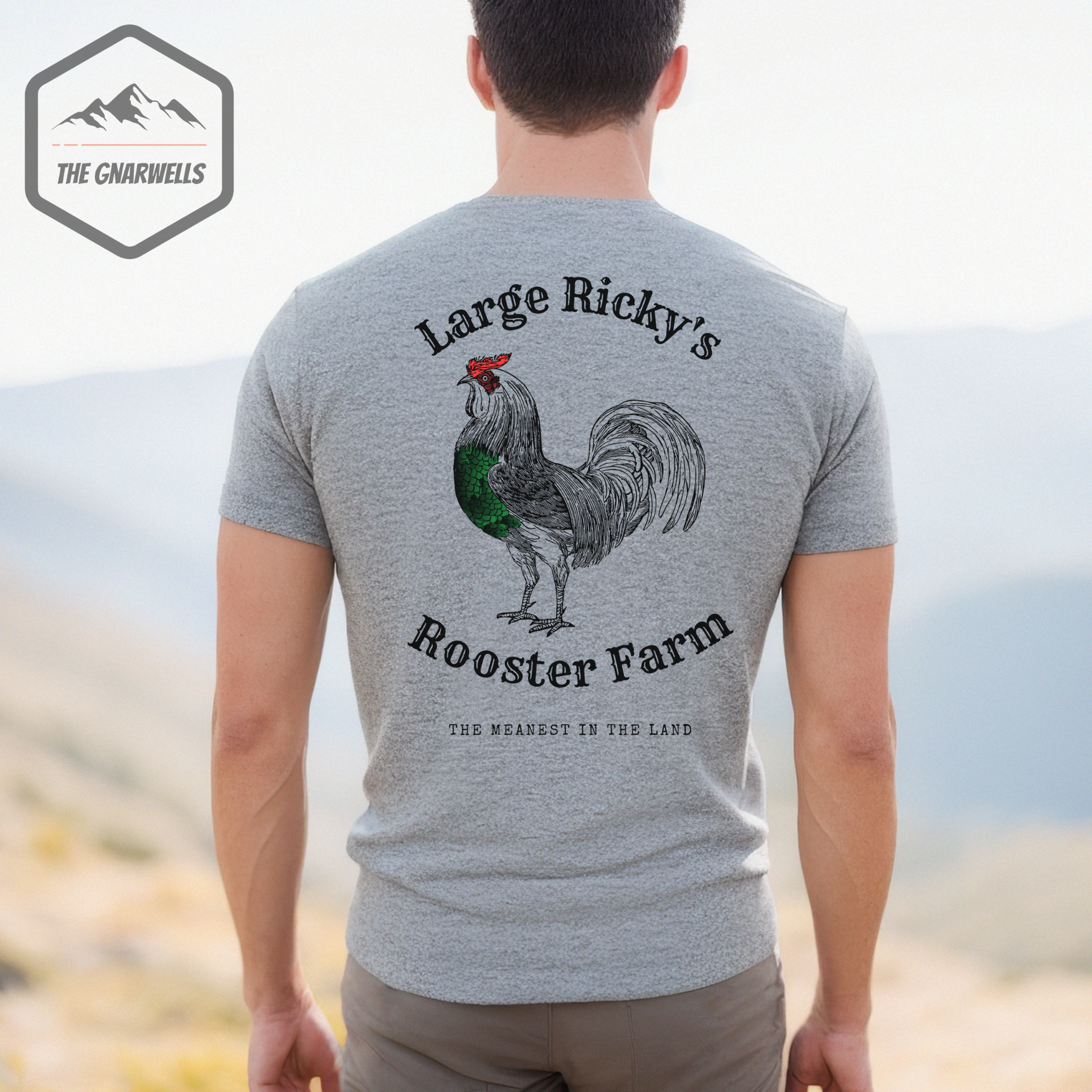 Large Ricky's Funny MTB T-Shirt with a rooster and the words the meanest in the land.