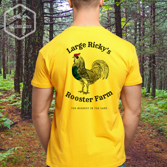 Large Ricky's Funny MTB T-Shirt with a rooster and the words the meanest in the land.