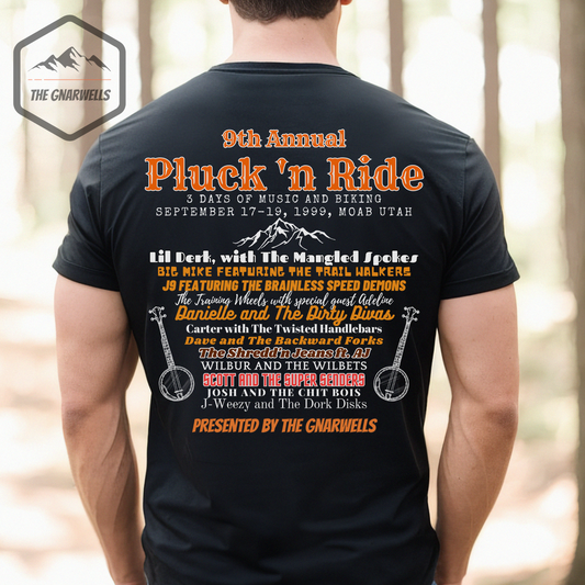 Mountain bike t-shirt that depicts a music festival with band names