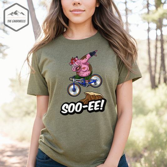 The SOO-EE mountain biking t-shirt makes a great gift for any family member or pig farmer. Grab this shirt and you'll be happier than a pig in mud! Wallow in its awesomeness and show your love for mountain biking. Maybe even mutter a nice "SOO-EE" to show your support when you open it! Bonus points if your family member is a pig farmer! 