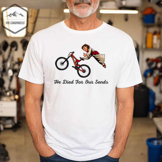 This funny MTB shirt makes a great gift for any mountain biker.What can't he do?! Legend has it that He doesn't even need a kicker and still snags massive air! Is it a bird? Nope. Maybe a plane? Wrong again. It’s the Lord and you might want to move cuz he’s dripping mad STEEZE! Snag this shirt and ride with His holiness. Or your mom!